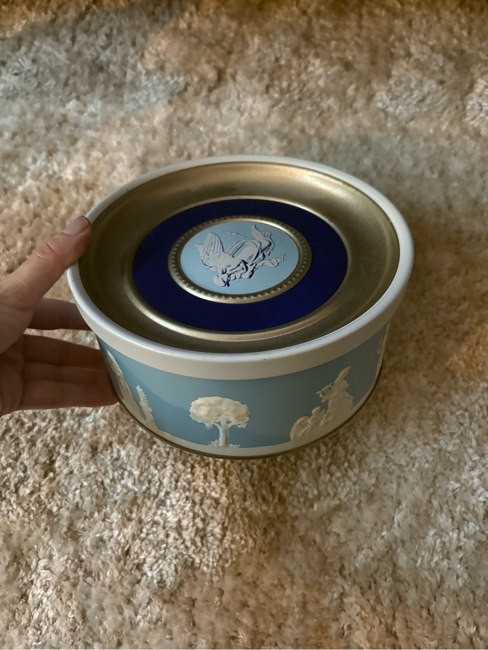 Wedgwood Light Blue and White Jasperware Round Trinket Box with Gold Accent